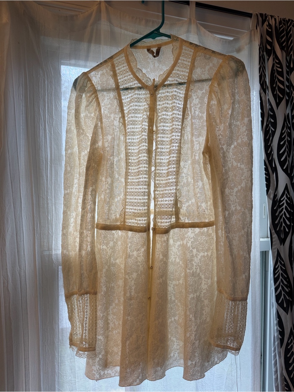 Free People Ivory Sheer Lace Long-Sleeve Tunic blouse with buttons